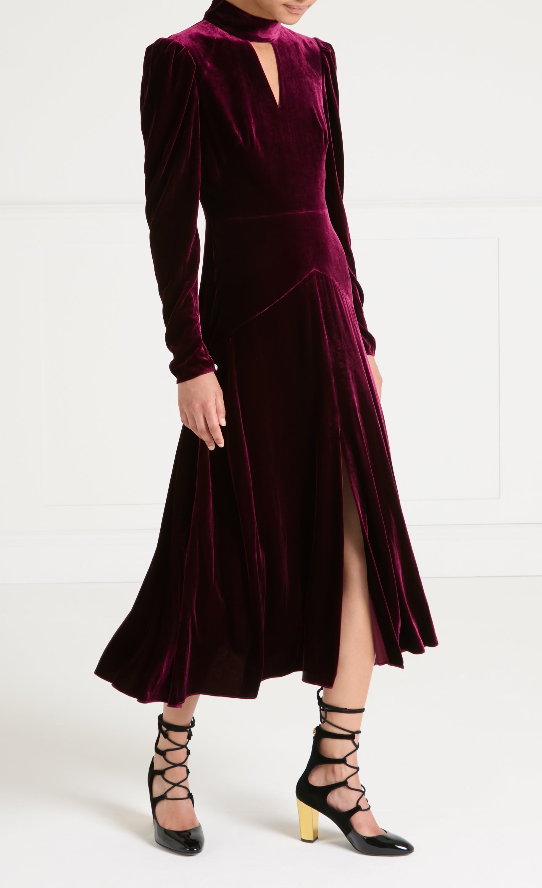Temperley London Clarice sukienka welwetowa bordowa midi