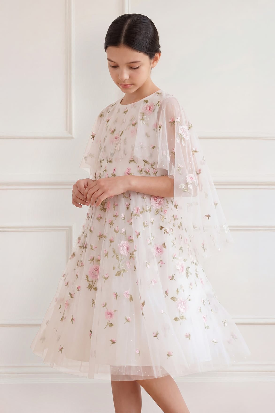Needle & Thread Rose Bloom Cape Kids Dress sukienka biała peleryna