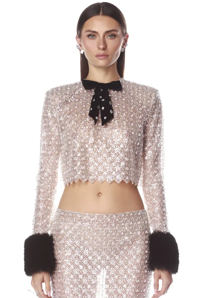 Bronx and Banco Embellished Crop Top z futrem czarny