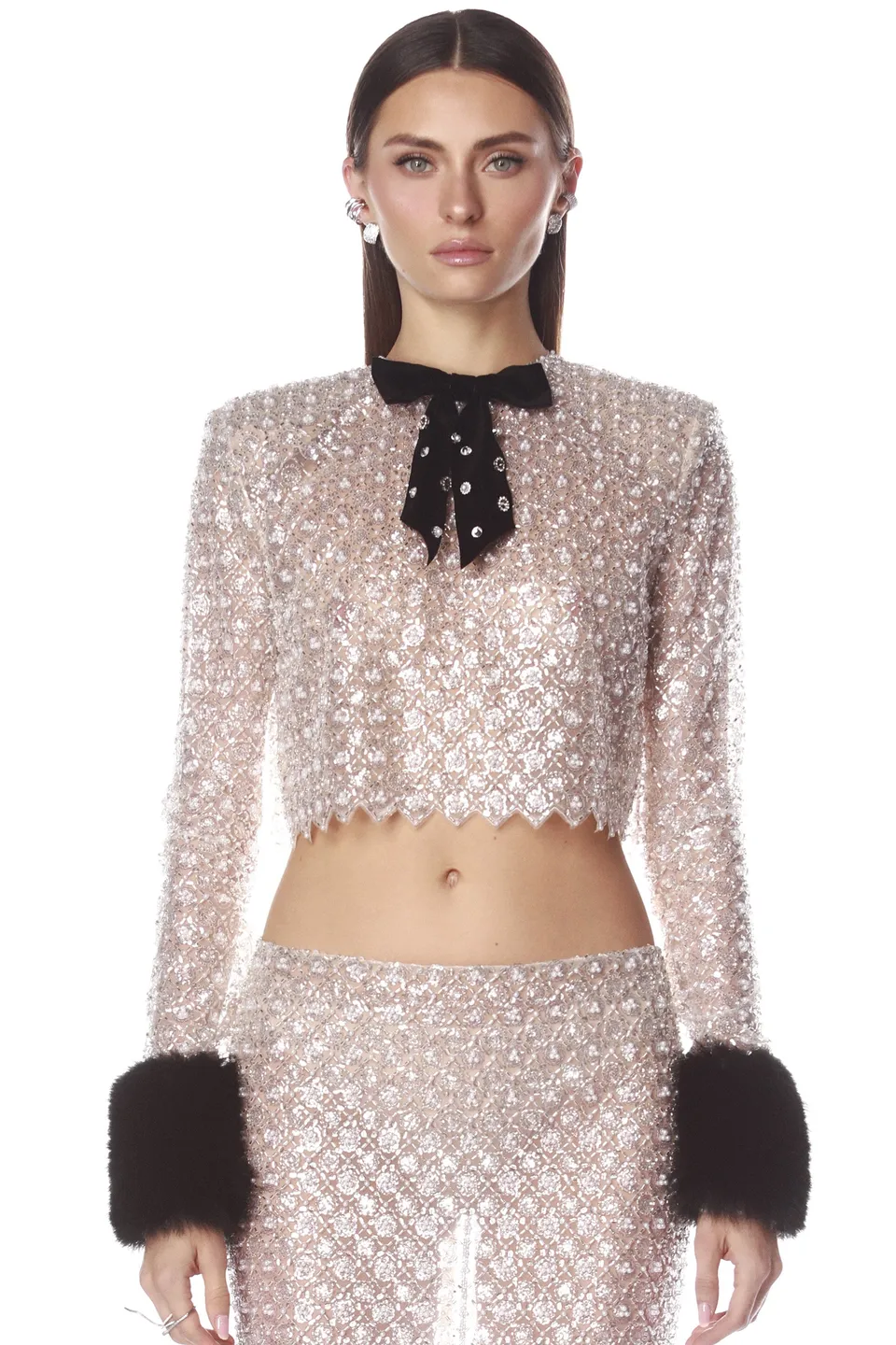 Bronx and Banco Embellished Crop Top z futrem czarny