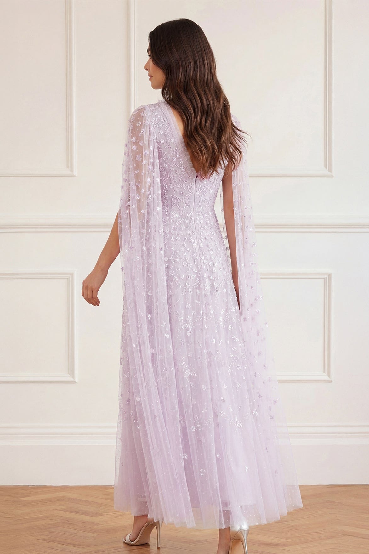 Needle & Thread Clover Cape Sleeve Ankle Gown sukienka Purple