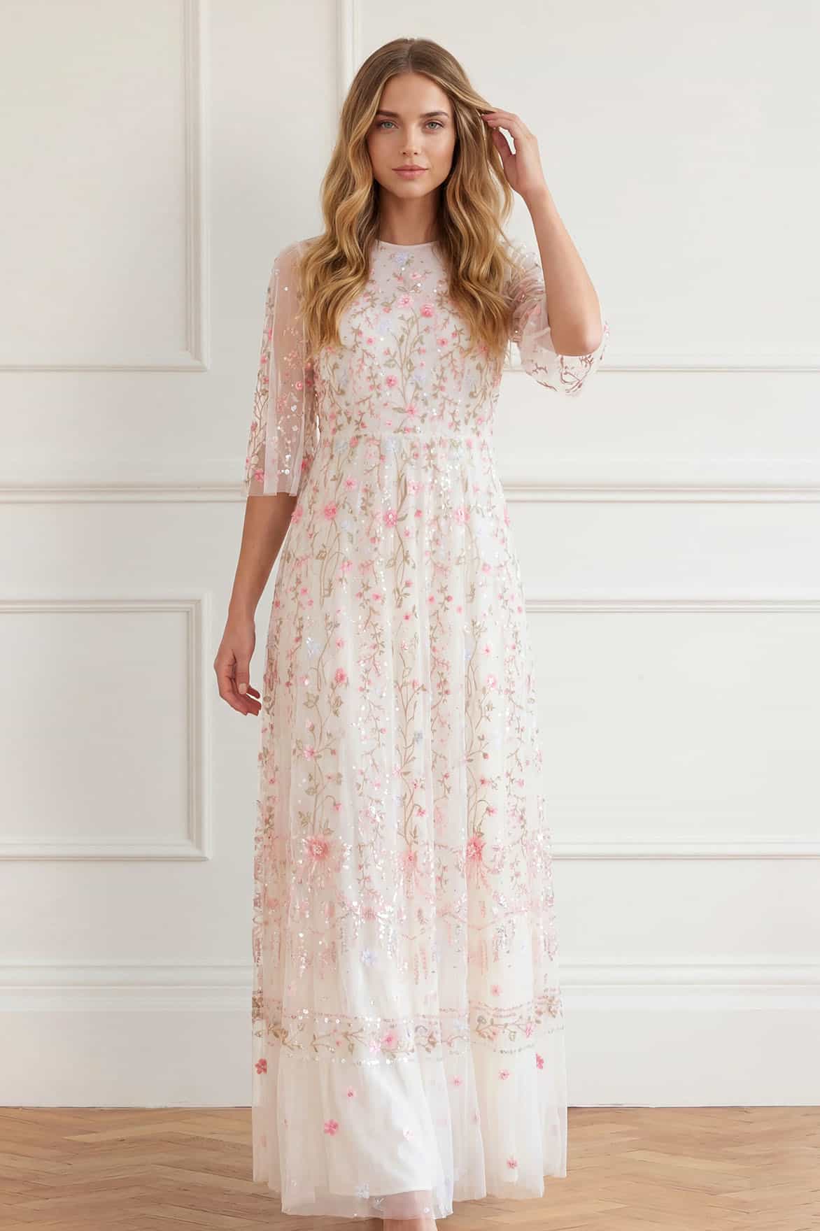 Needle & Thread Rococo Ribbon Round Neck Gown sukienka biała maxi
