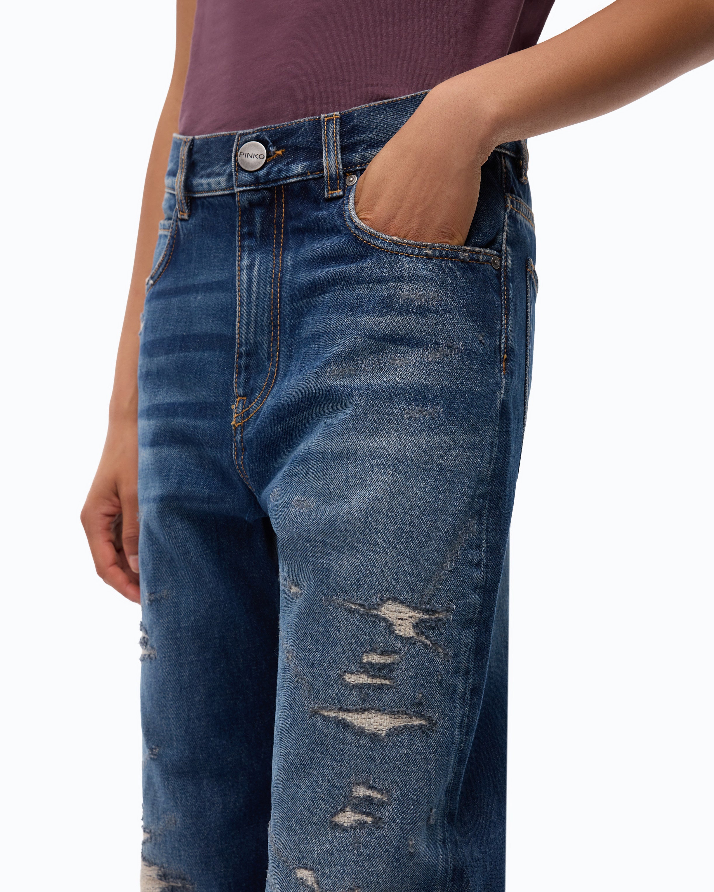 Pinko Wanda Wide Leg jeans jasnoniebieskie z przetarciami
