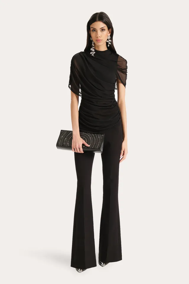 Elie Tahari Gaia Draped Mesh Top top czarny marszczony