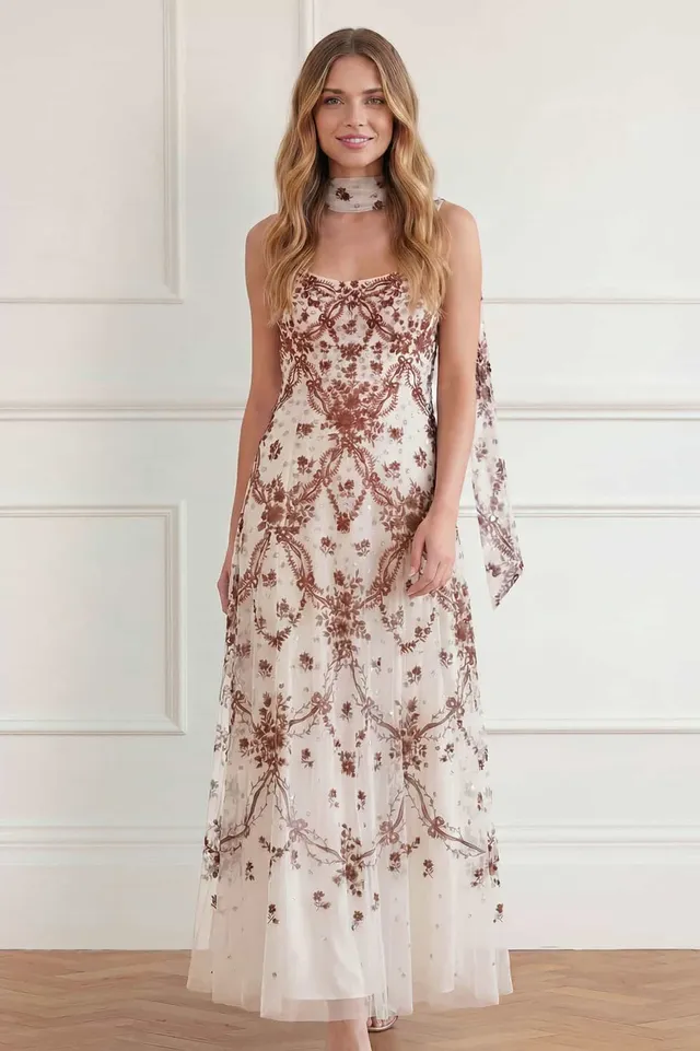 Needle & Thread Laurel Grace Cami Ankle Gown kremowa cekiny