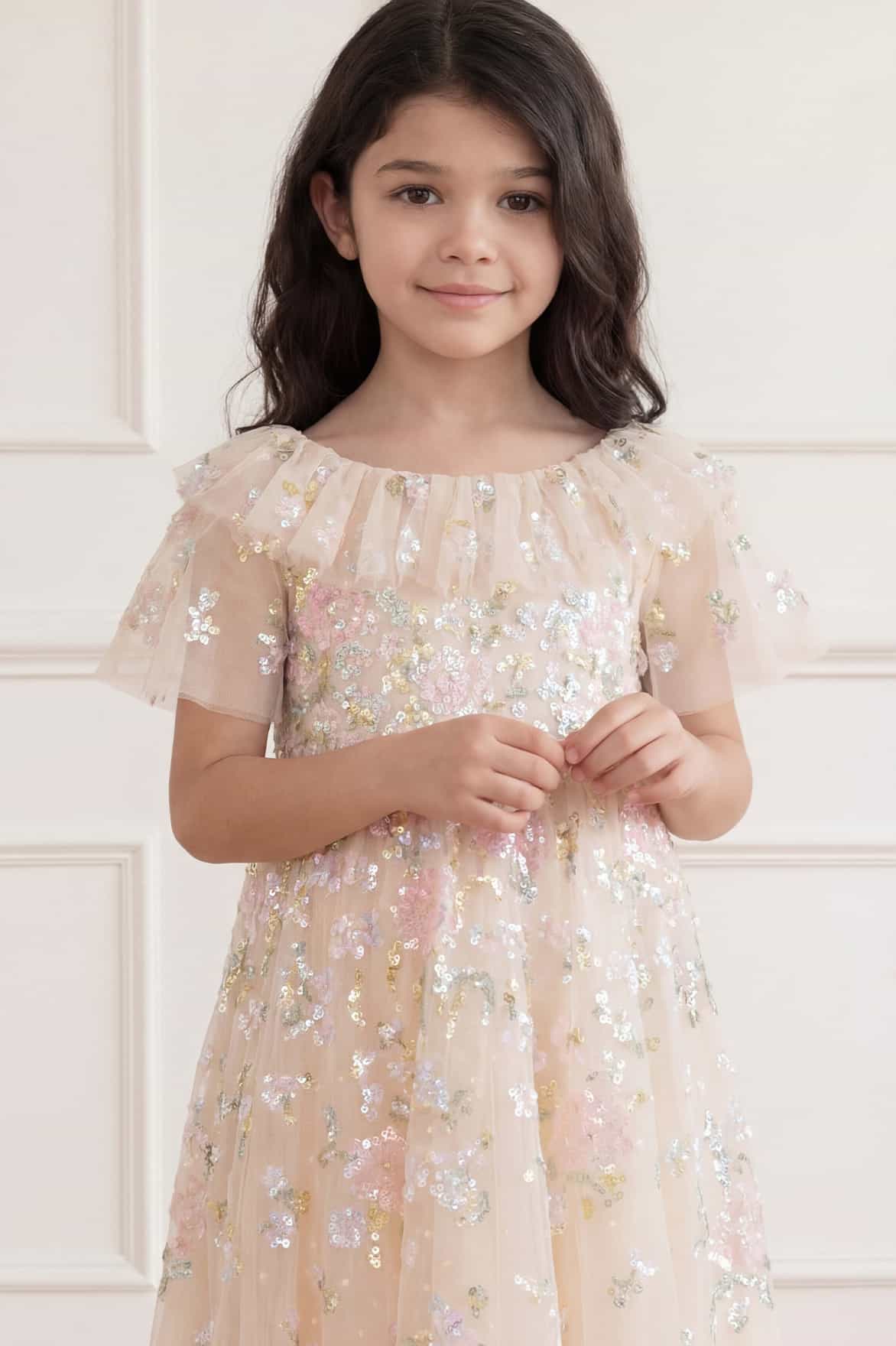 Needle & Thread Peony Bouquet Sequin Kids Dress sukienka kremowa