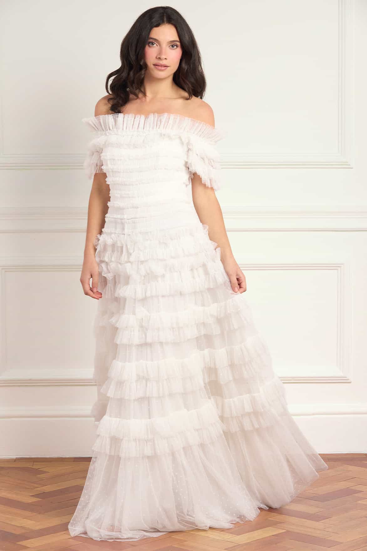 Needle & Thread Lisette Ruffle Off-Shoulder Gown suknia biała