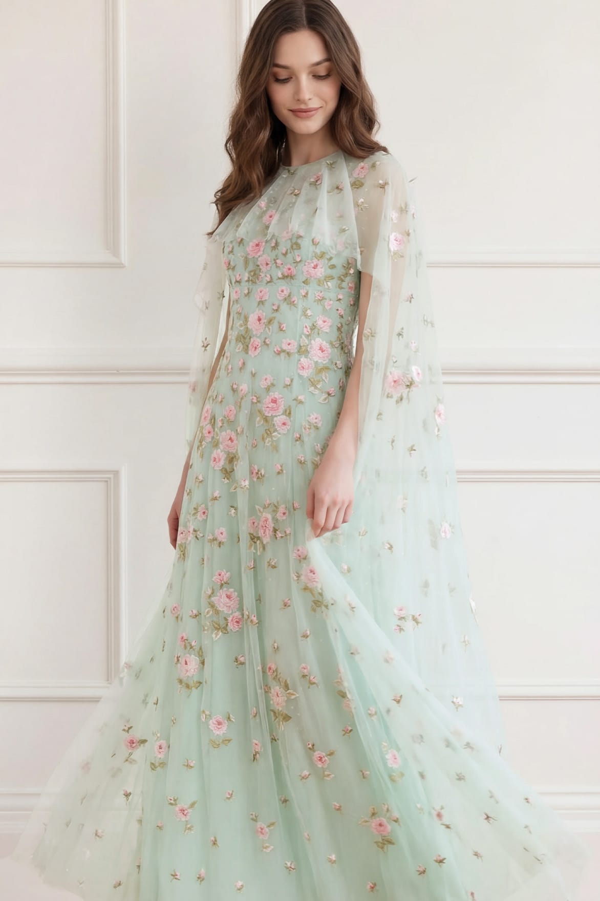 Needle & Thread Rose Bloom Cape Gown suknia zielona haft
