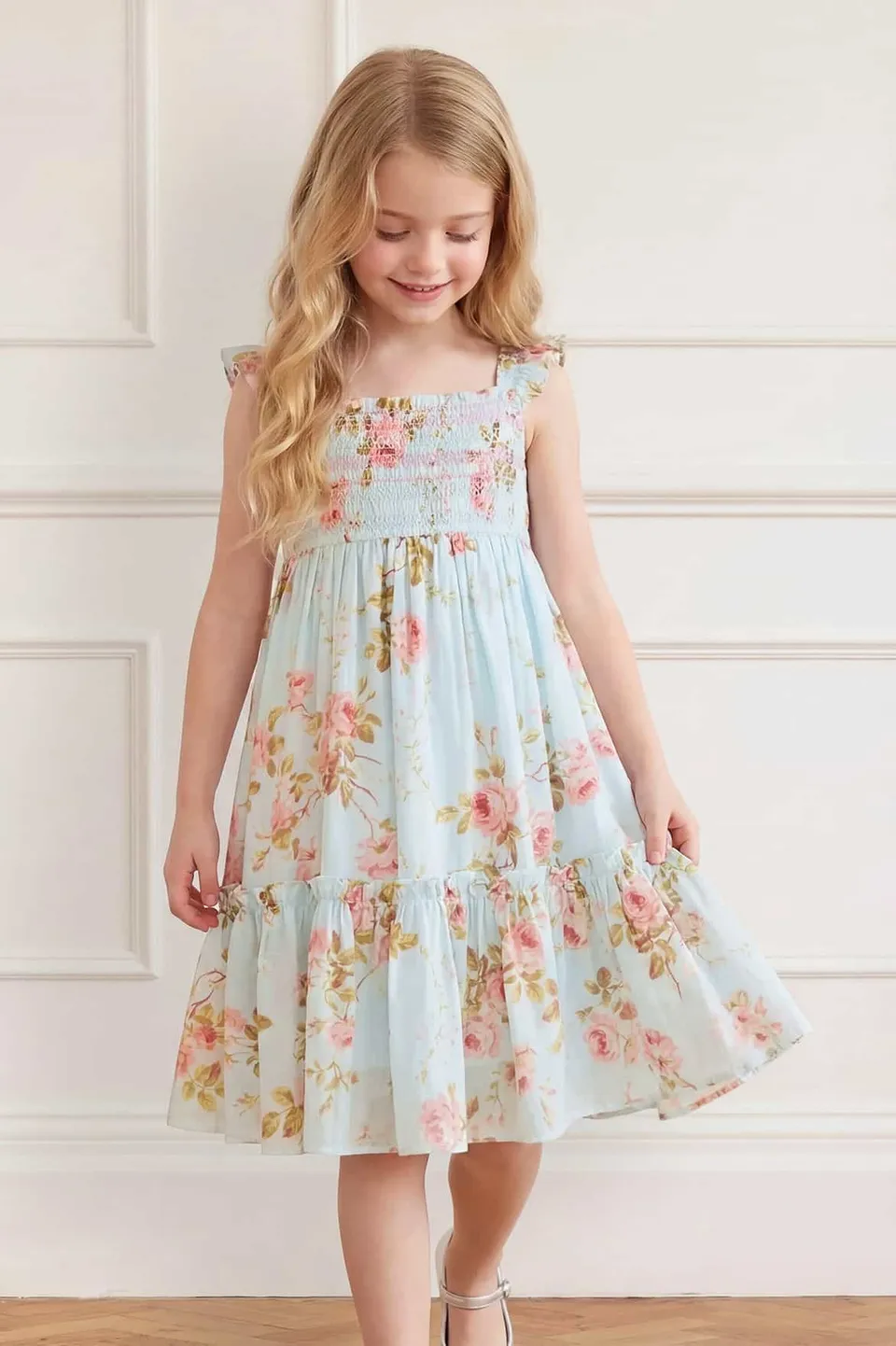 Needle & Thread Summer’s Rose Smocked Cami Kids Dress sukienka niebieska