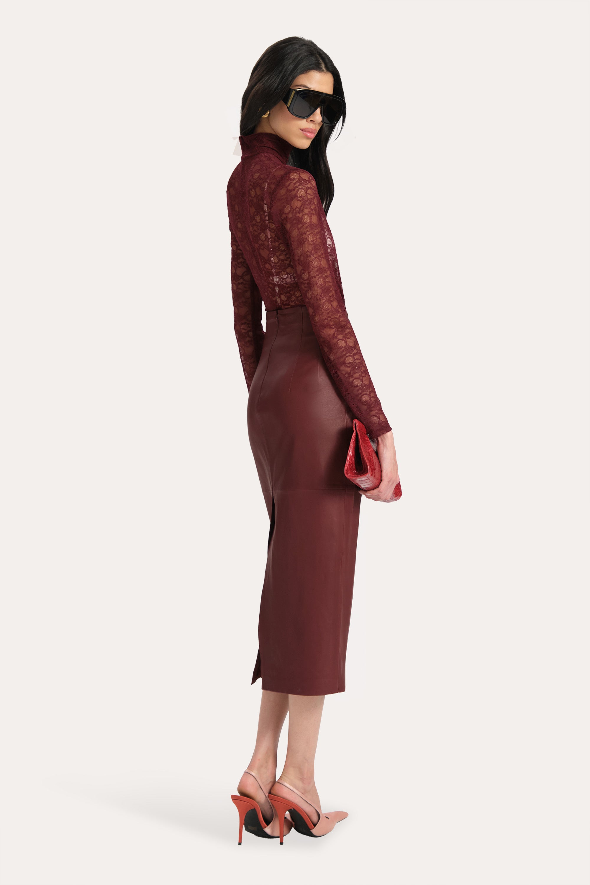 Elie Tahari Brooklyn spódnica skórzana Jester Red midi