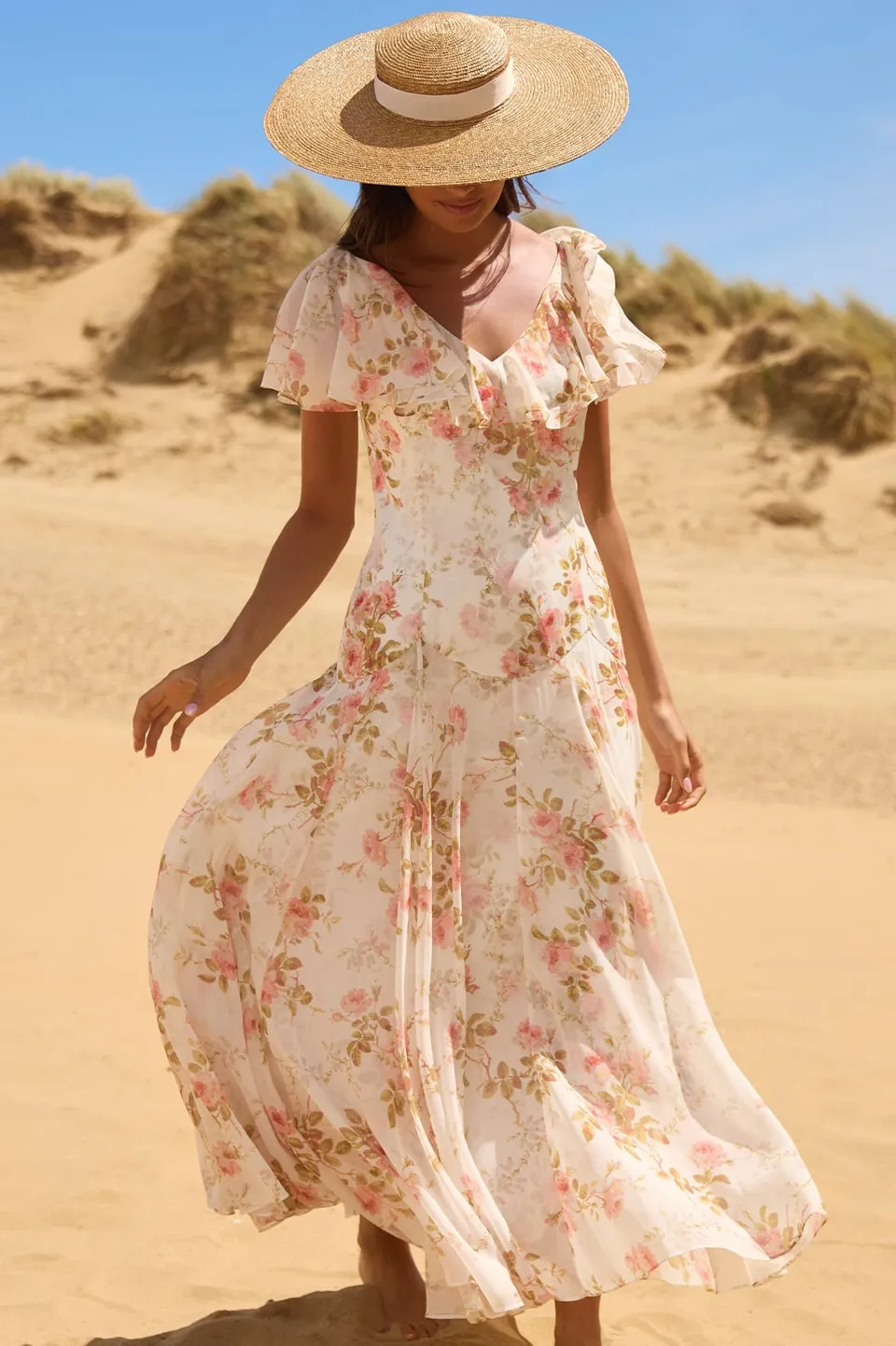 Needle & Thread Summer's Rose Georgette Ankle Gown sukienka biała