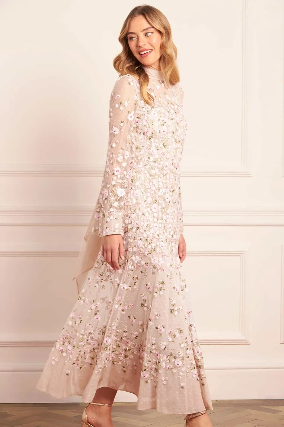 Needle & Thread Sylvia Rose Long Sleeve Ankle Gown sukienka kremowa haft