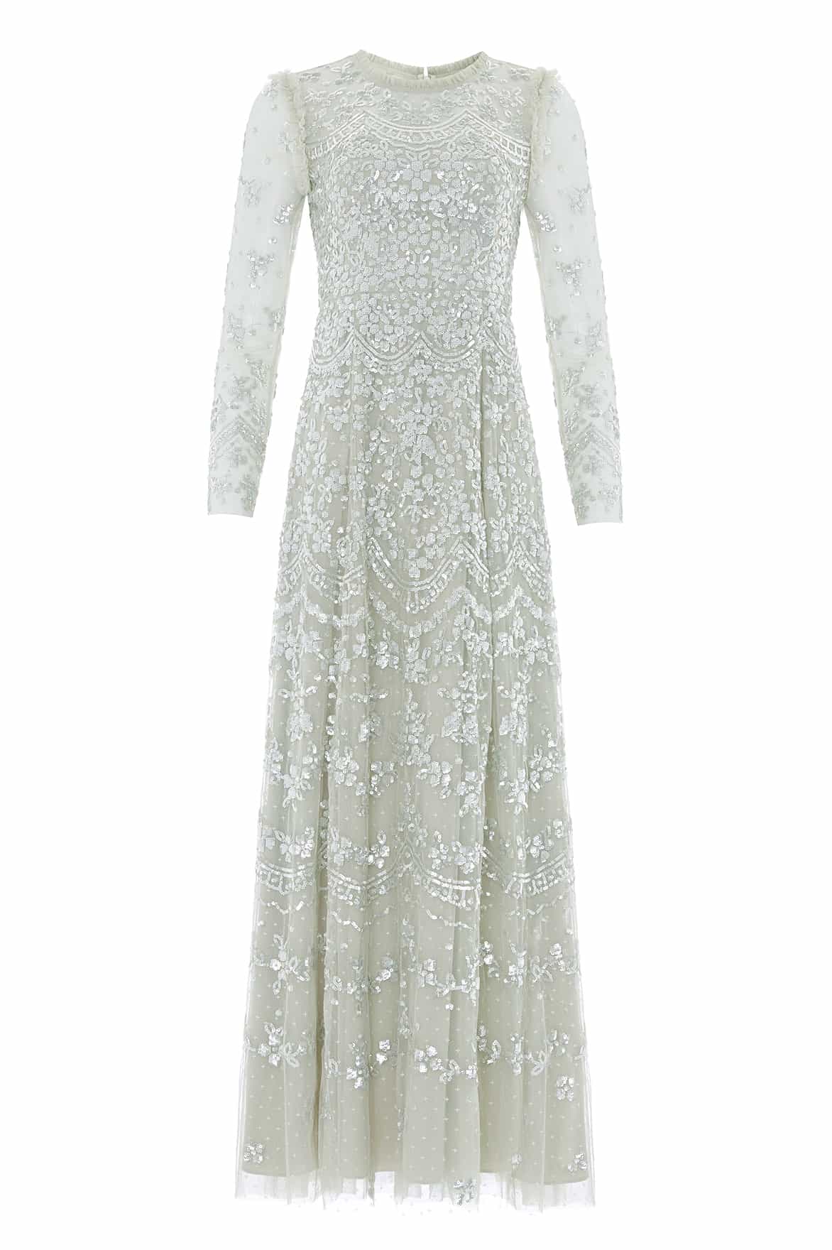 Needle & Thread Freya Long Sleeve Gown sukienka wieczorowa zielona z cekinami