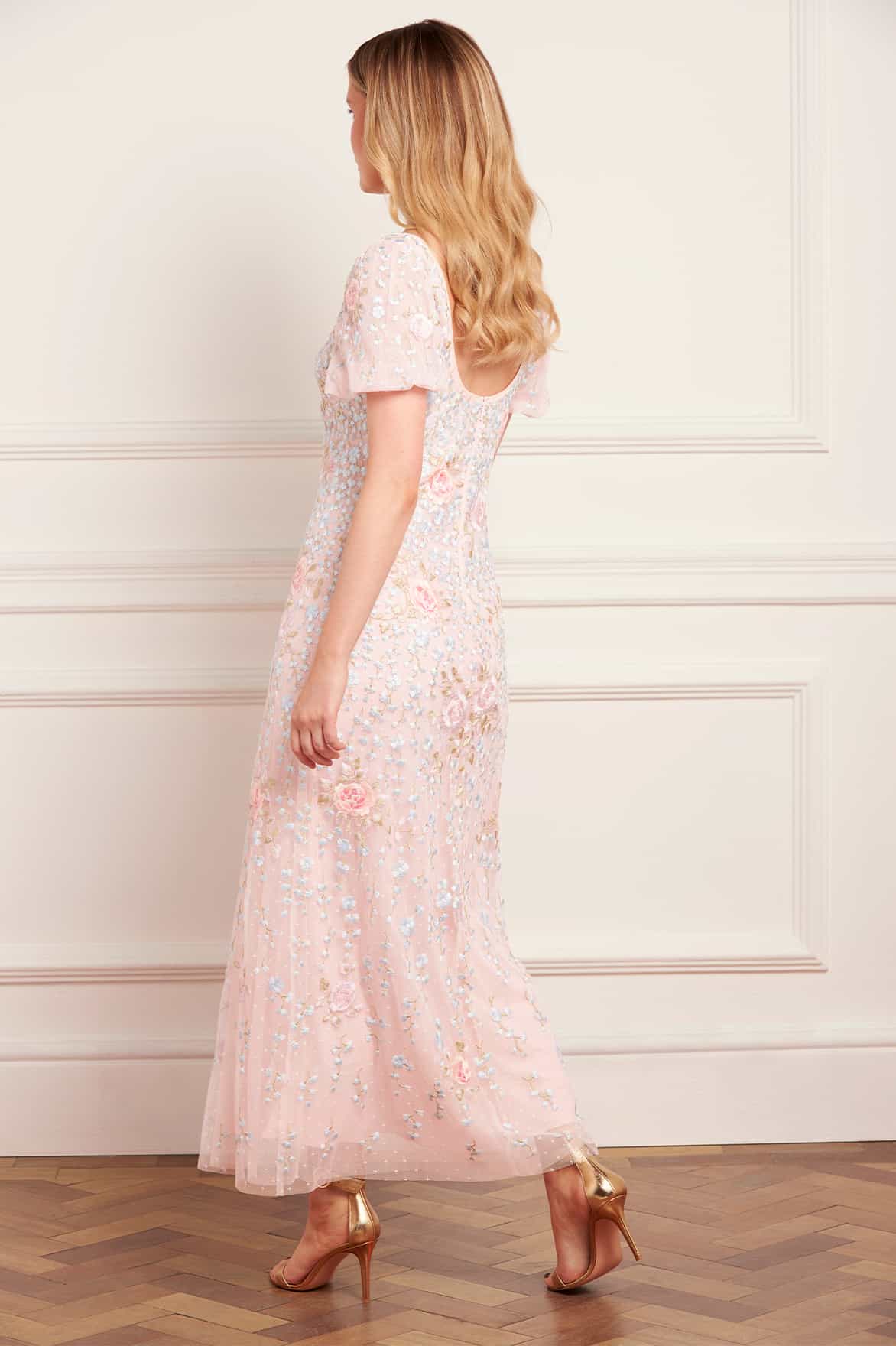 Needle & Thread Cressida Embroidery Puff Sleeve Ankle Gown sukienka róż