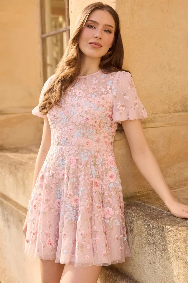 Needle & Thread Peony Bouquet Dress sukienka różowa mini haft