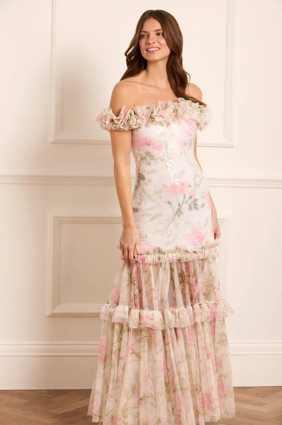 Needle & Thread Rose Tallulah Off-Shoulder sukienka maxi multi cekinowa