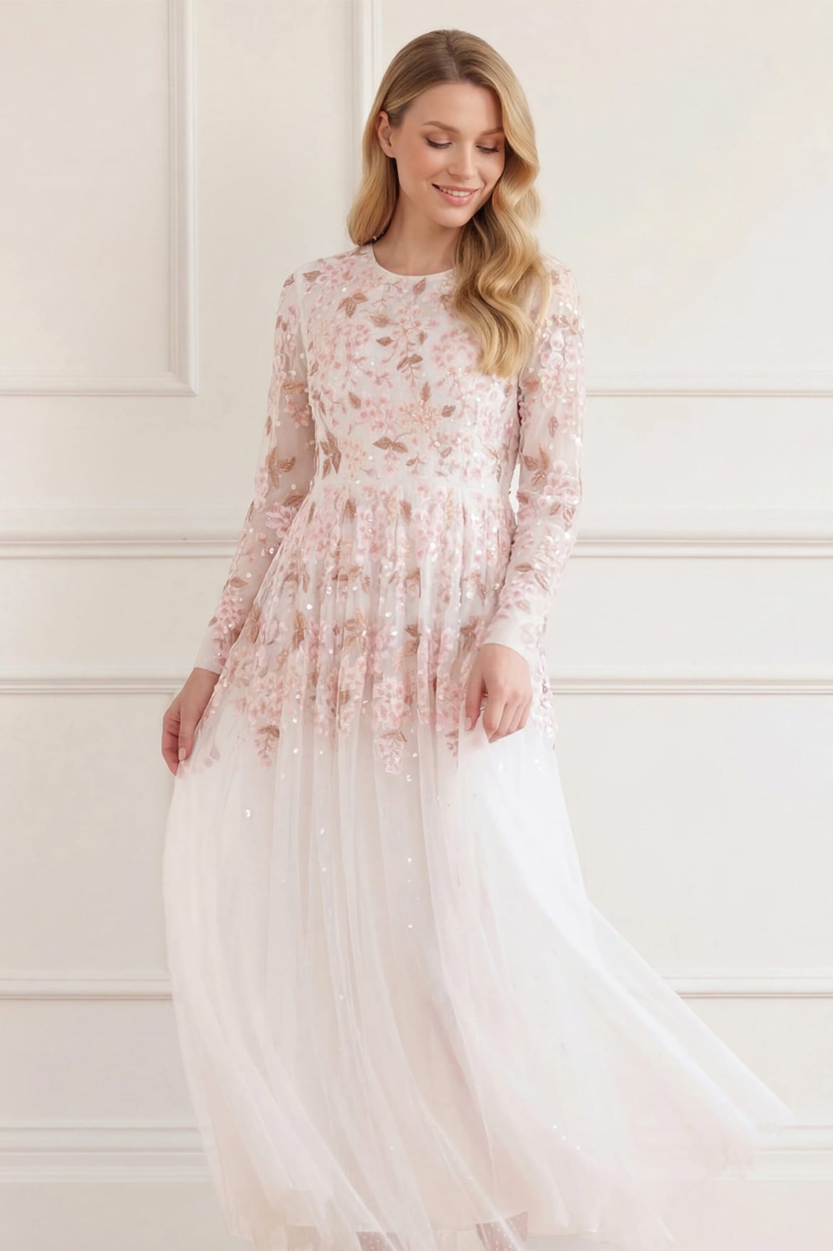 Needle & Thread Wisteria Dot Long Sleeve Gown sukienka biała haftowana