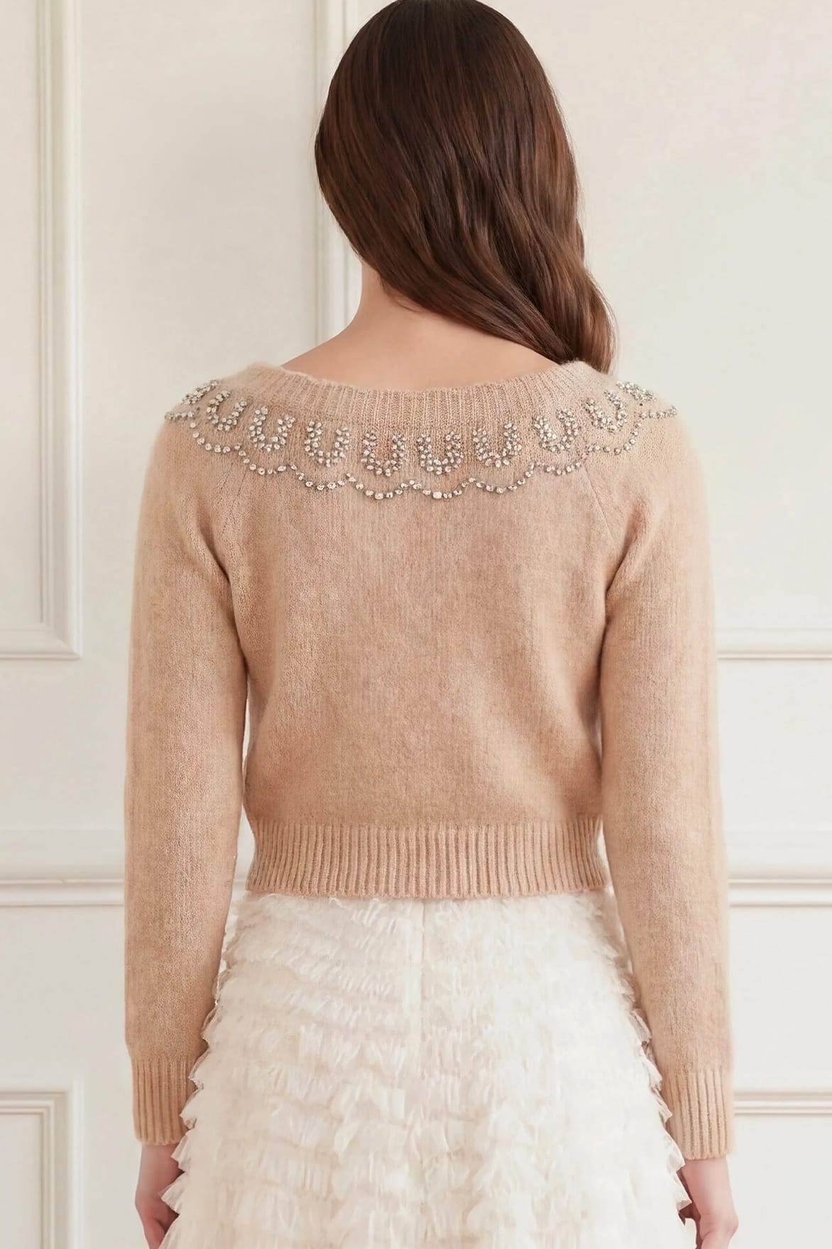 Needle & Thread V-Neck Cardigan kardigan beżowy zdobny