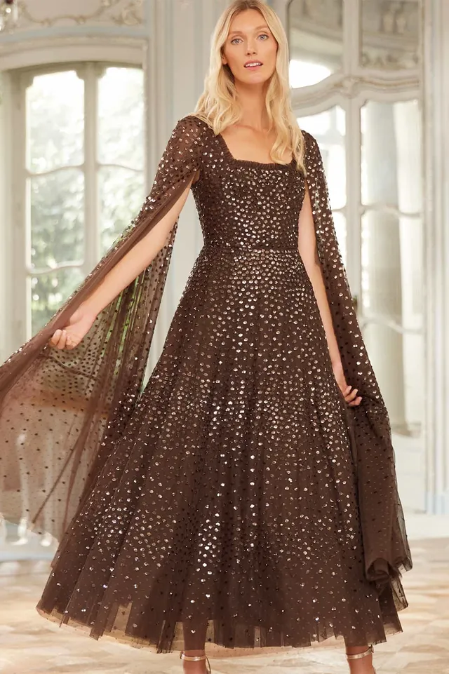 Needle & Thread Scatter Dot Cape Sleeve sukienka brązowa z peleryną