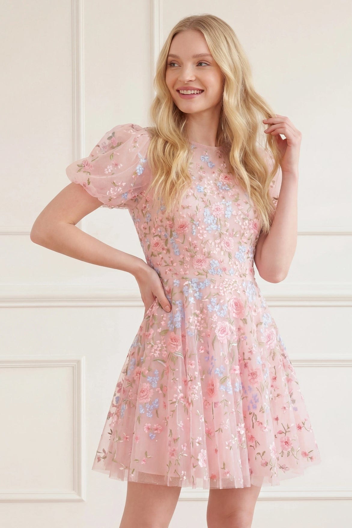 Needle & Thread Peony Bouquet Dress sukienka różowa mini haft