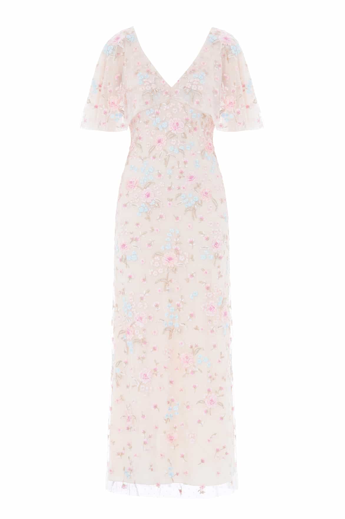 Needle & Thread Peony Bouquet V-Neck Cape suknia Cream haft