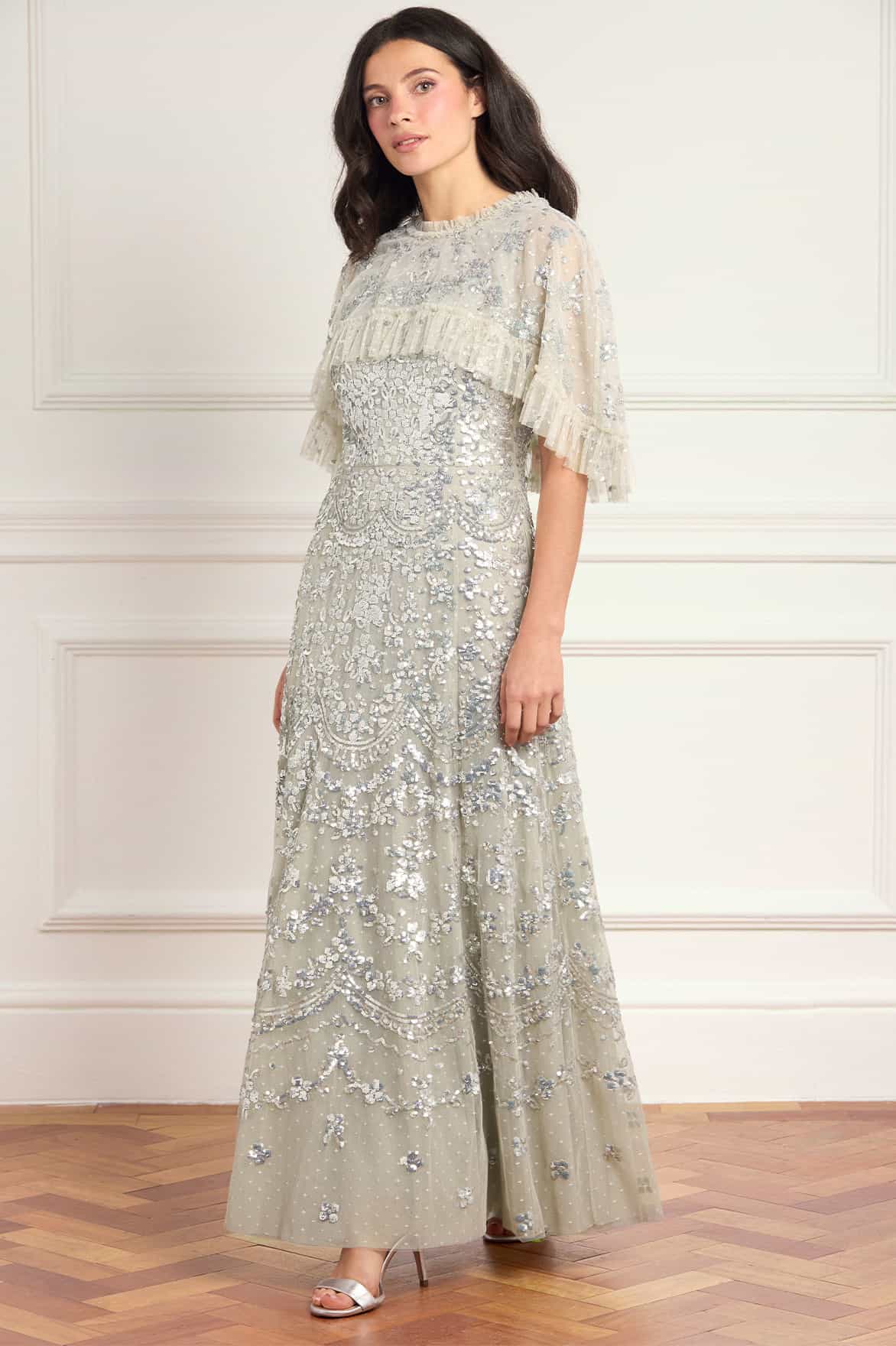 Needle & Thread Freya Cape Ankle Gown sukienka zielona cekiny