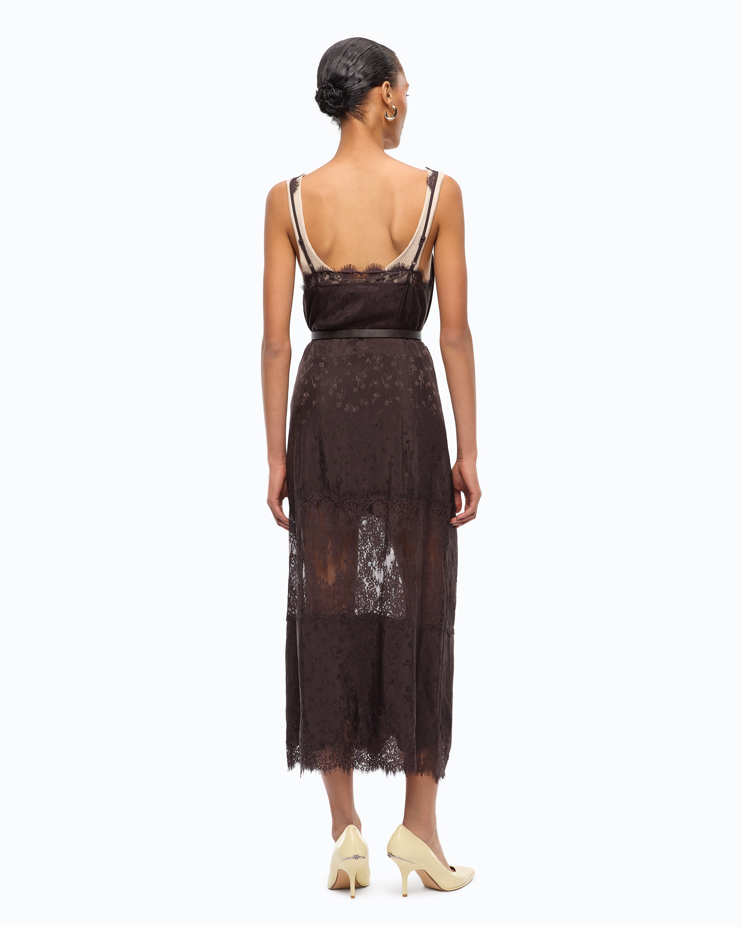 Pinko Aster Dress sukienka midi brązowa halkowa z koronką