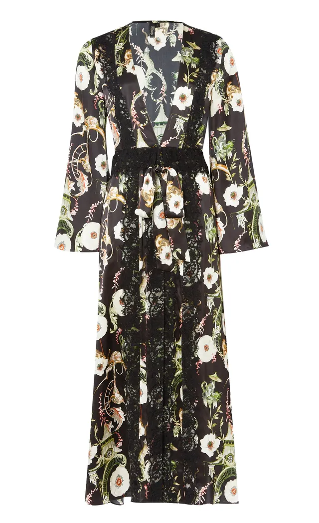 Temperley London Aphrodite Robe szlafrok czarny print koronka