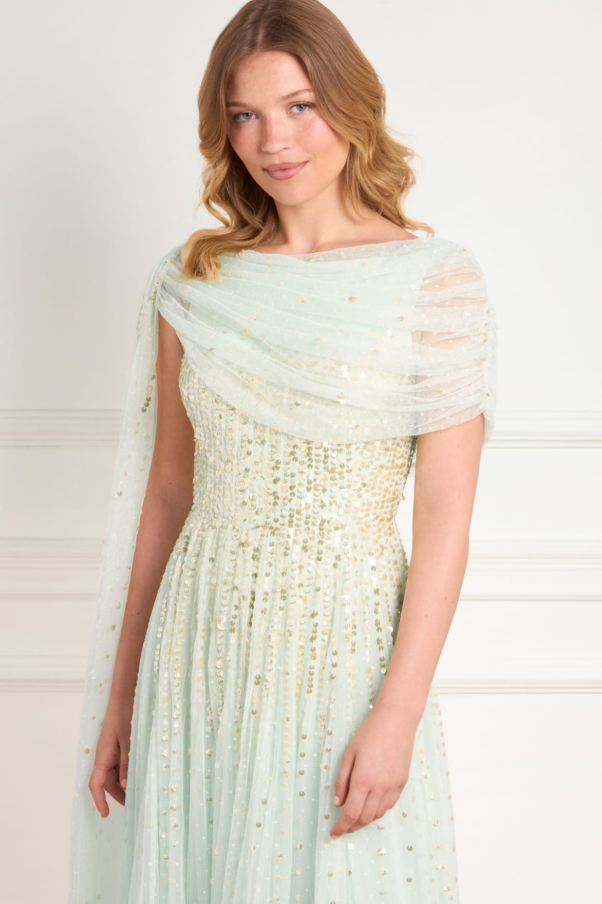 Needle & Thread Moonlight Sequin Draped Gown sukienka zielona cekinowa