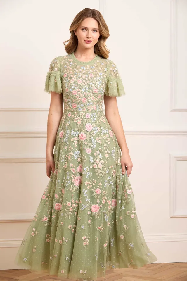 Needle & Thread Antoinettes Floral Round Neck Ankle Gown sukienka zielona haft