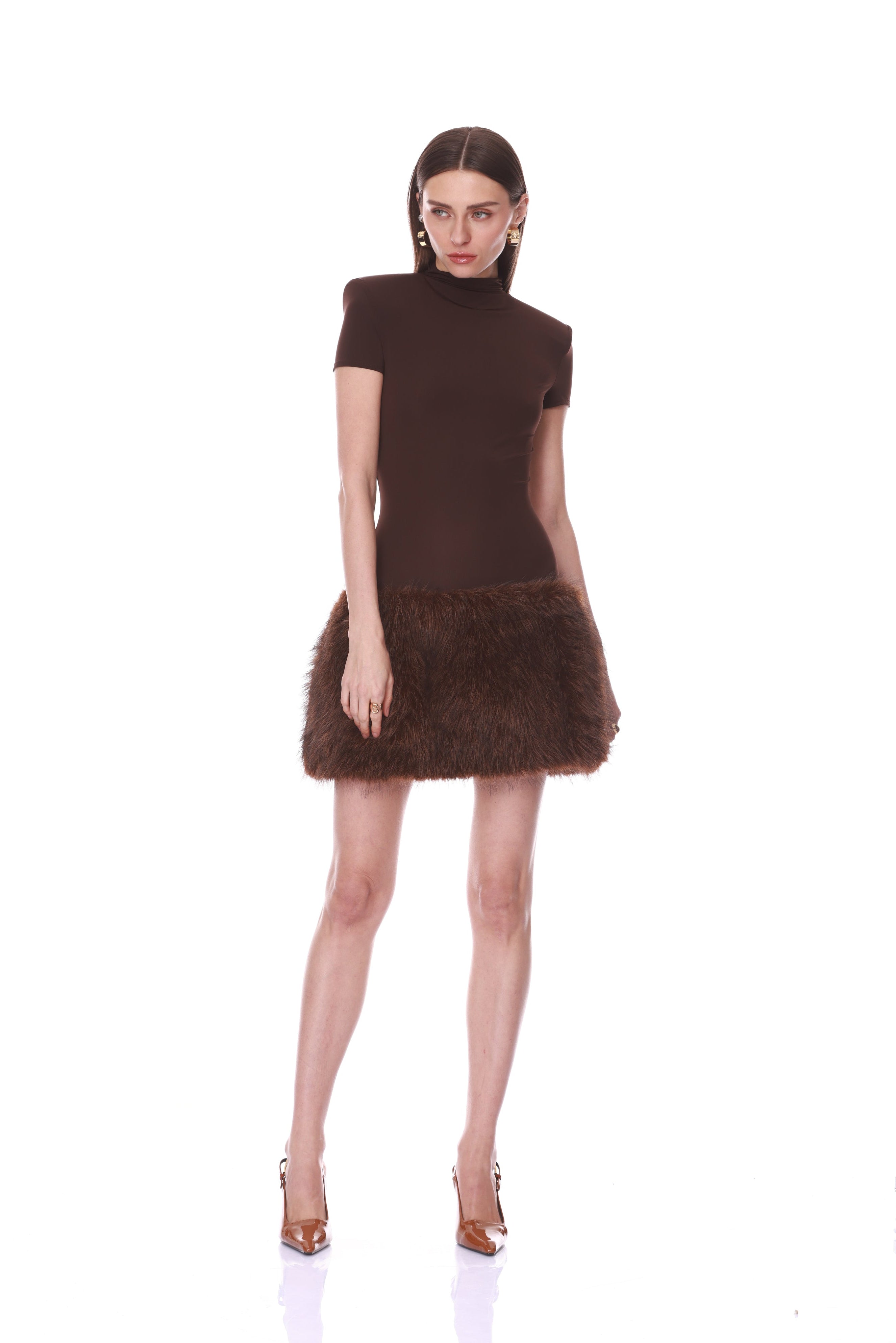 Bronx and Banco Faux Fur Trim sukienka mini brązowa