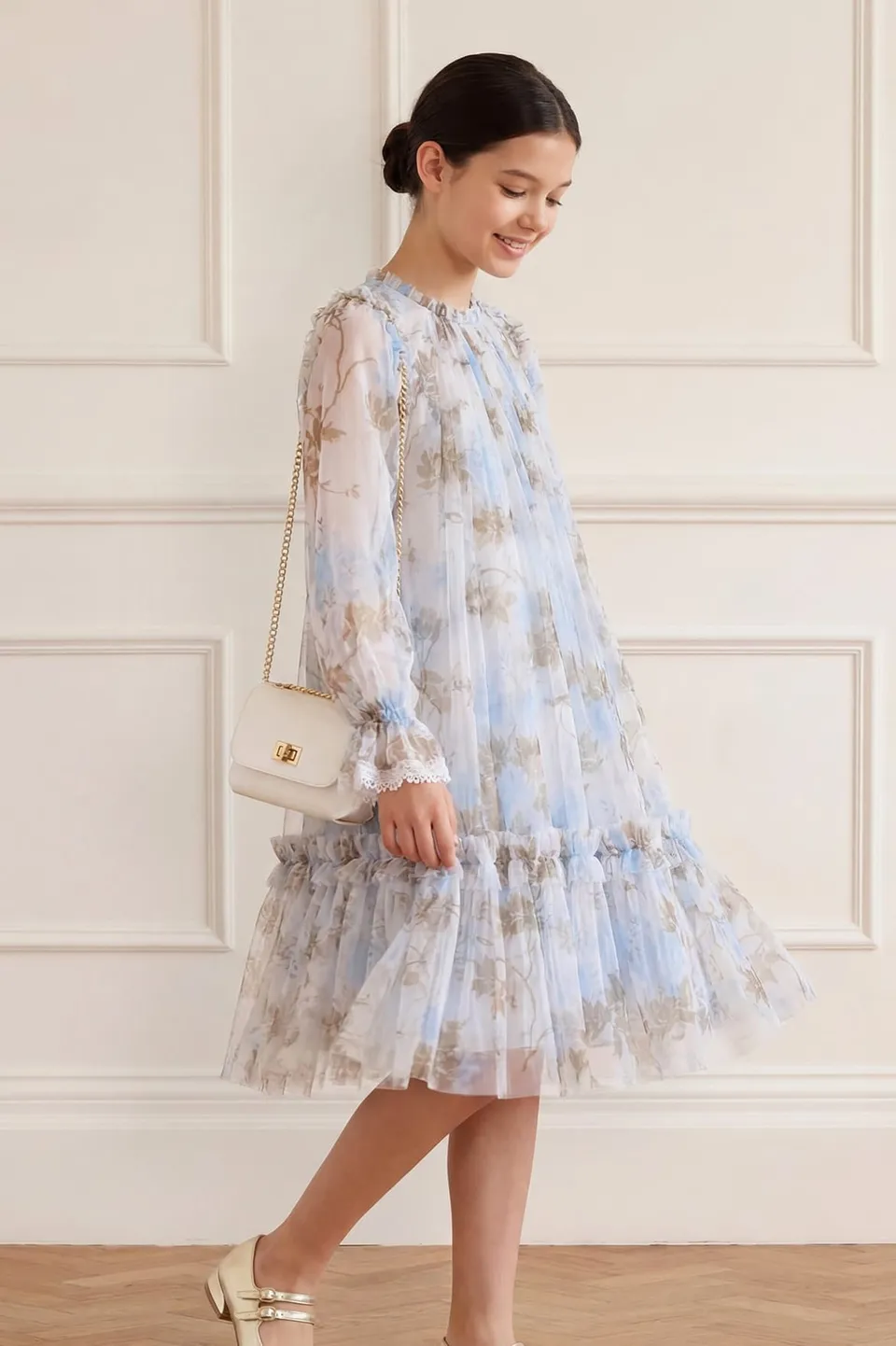 Needle & Thread Wisteria Long Sleeve Kids Dress sukienka biała