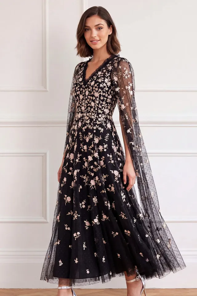 Needle & Thread Lea Ditsy Ankle Gown sukienka czarna