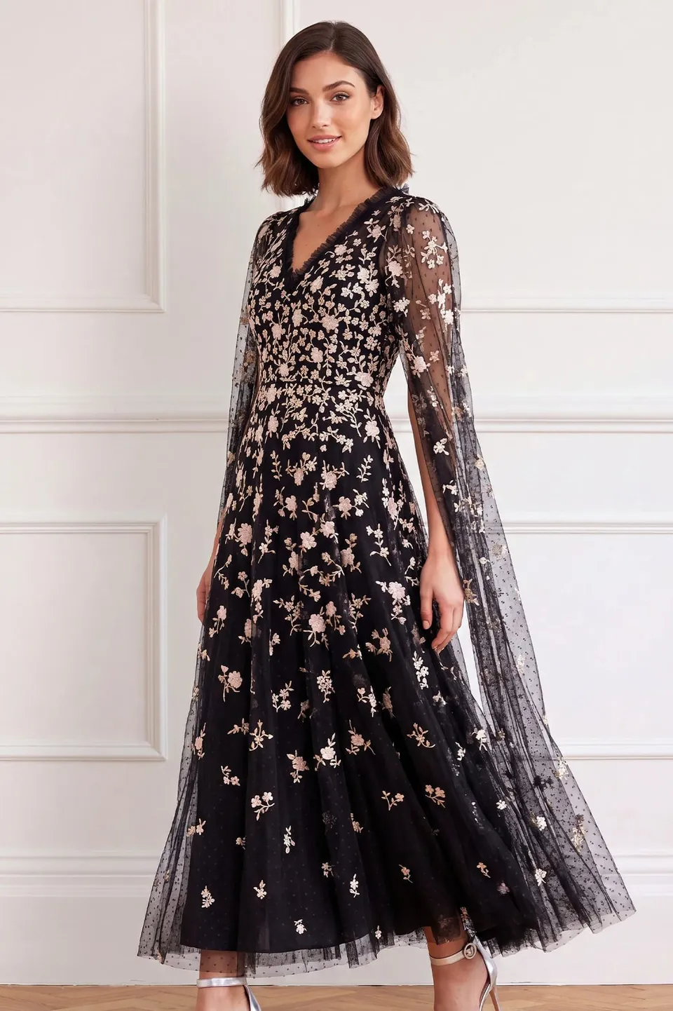 Needle & Thread Lea Ditsy Ankle Gown sukienka czarna