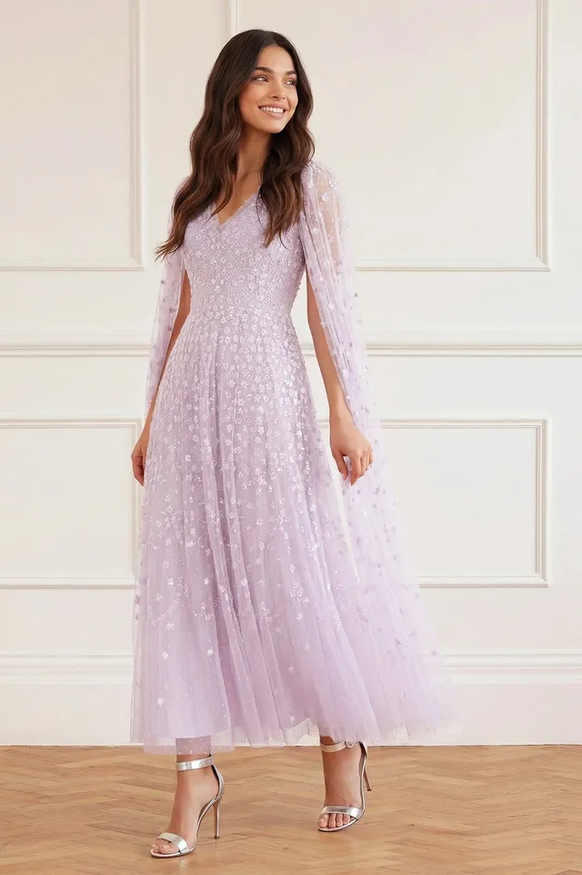Needle & Thread Clover Cape Sleeve Ankle Gown sukienka Purple