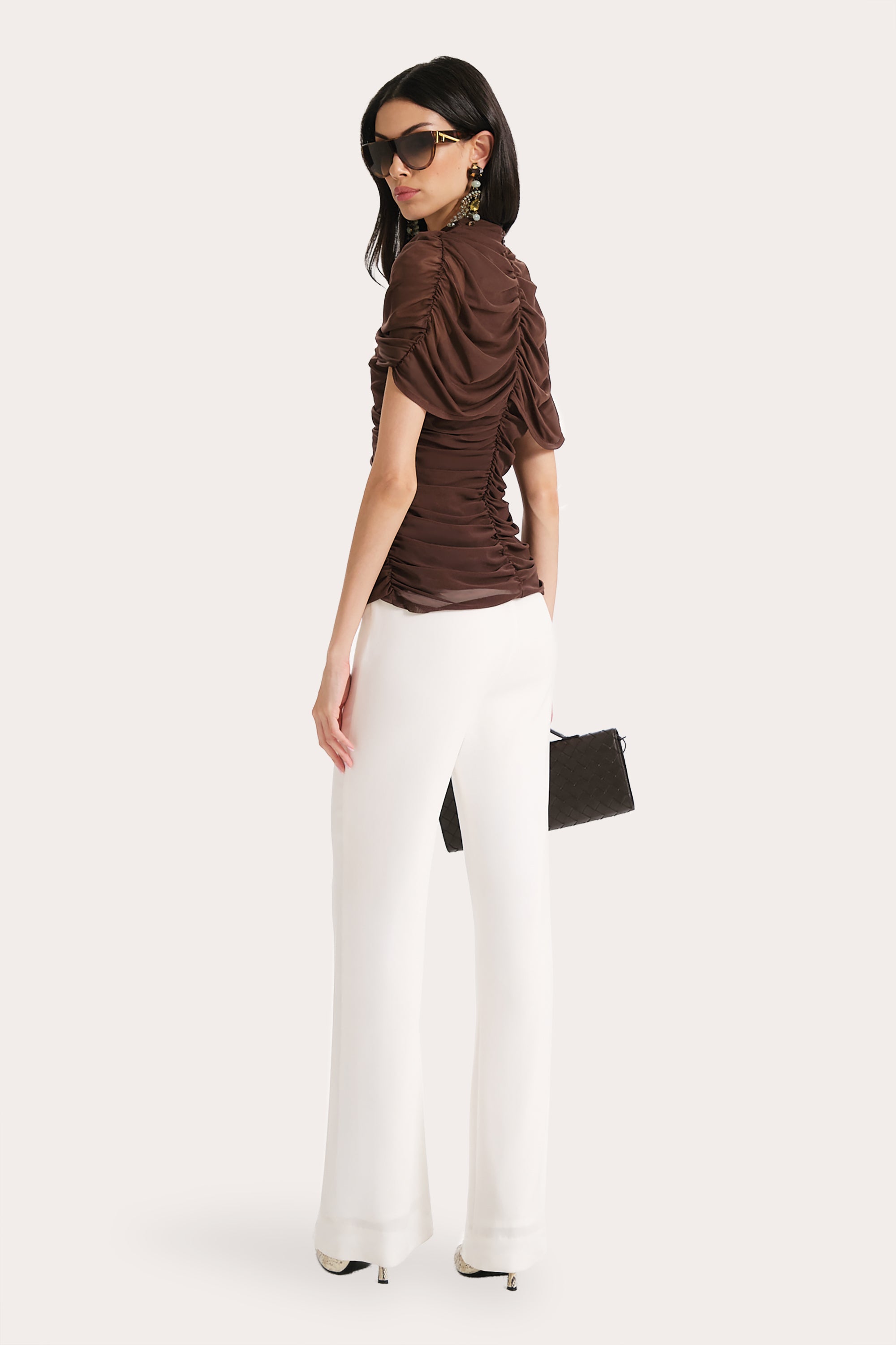 Elie Tahari Gaia top mesh drapowany brązowy