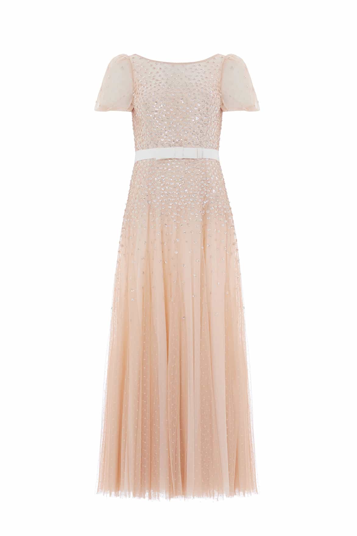 Needle & Thread Sequin Cascade Gown suknia beżowa z kokardą