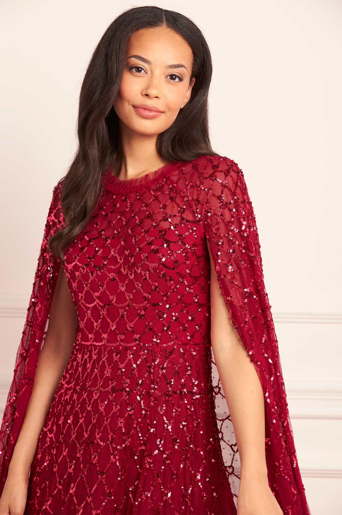 Needle & Thread Heart Lattice Ankle Gown sukienka czerwona cekinowa
