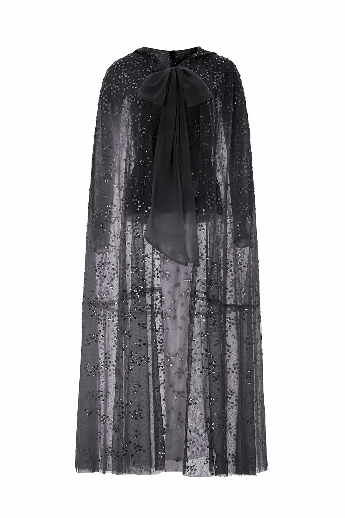Needle & Thread Dappled Sequin Hooded Long Cape peleryna czarna