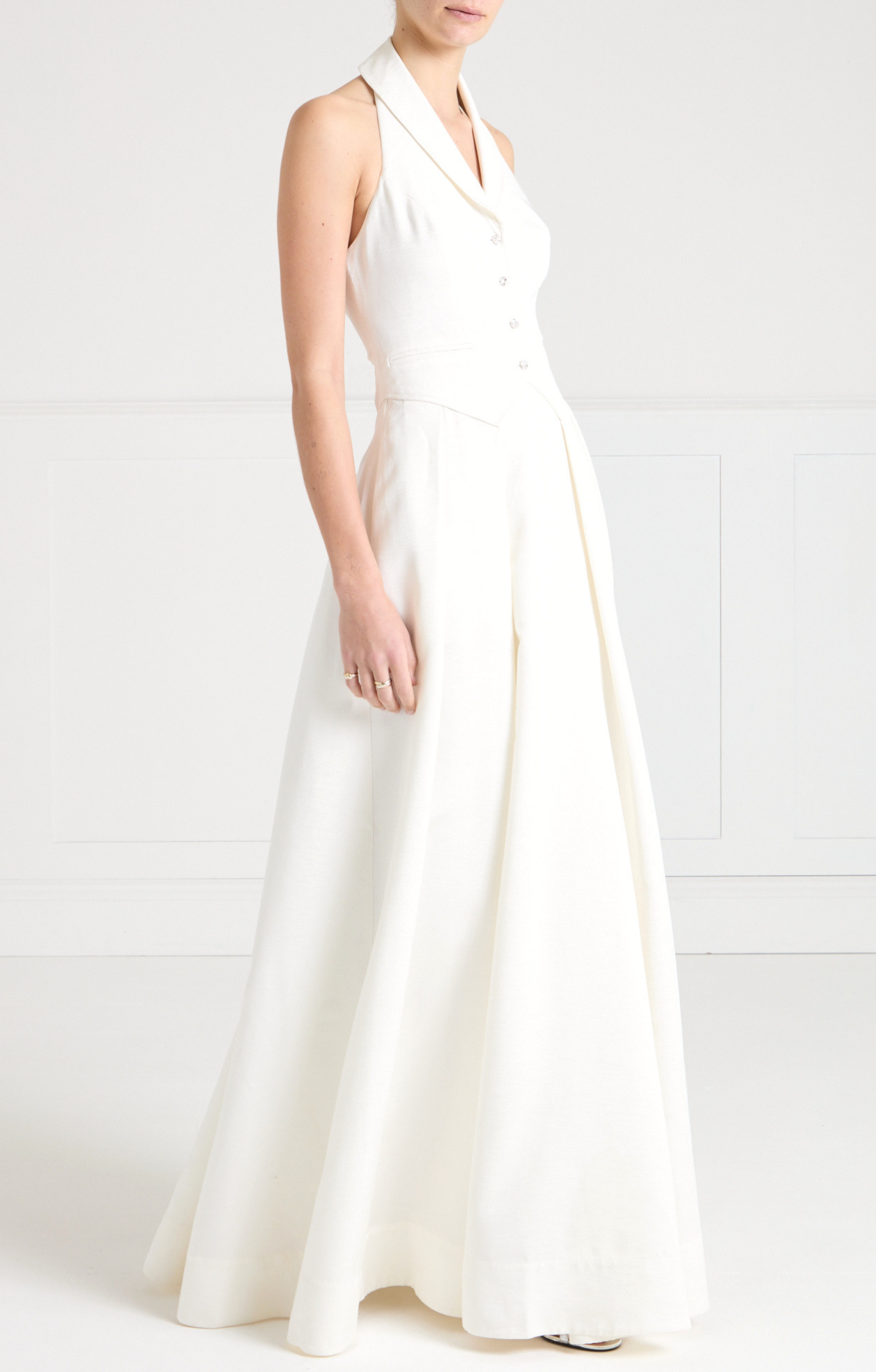 Temperley London Elodie suknia halter ecru maxi kieszenie