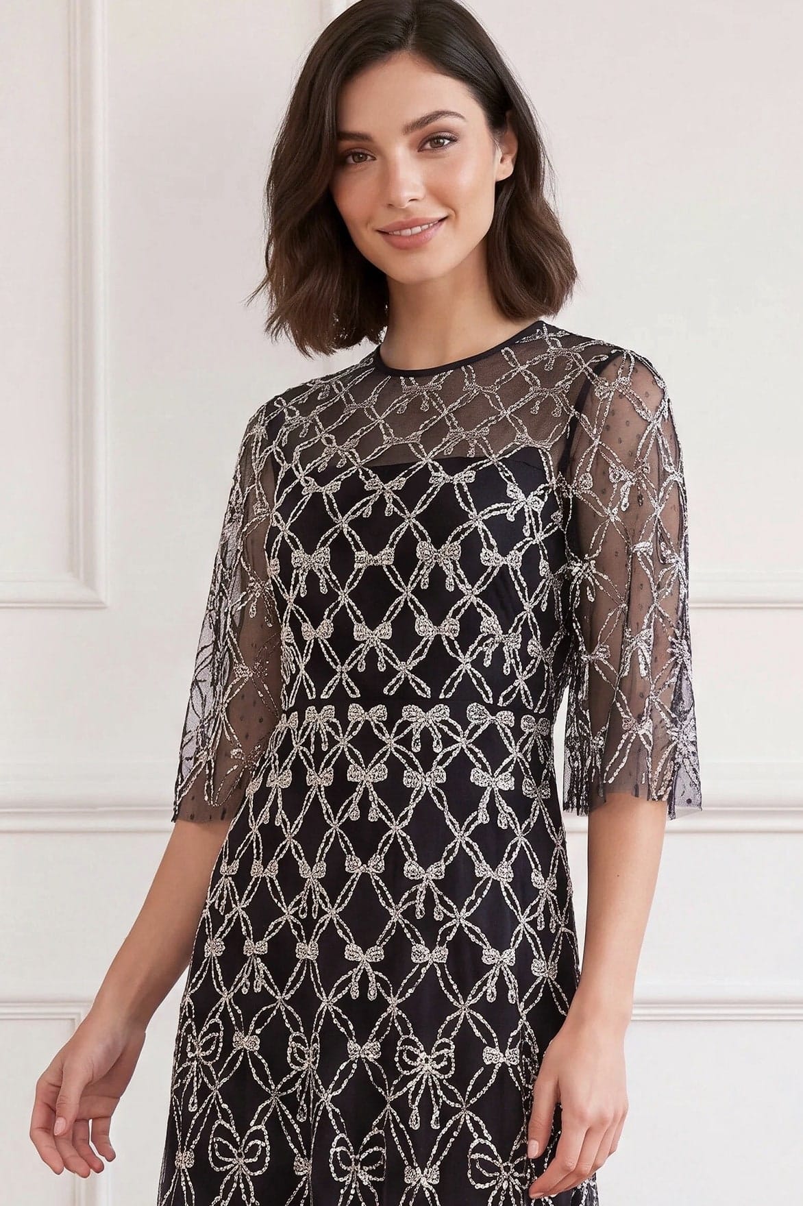 Needle & Thread Bow Lattice Round Neck Ankle Gown sukienka czarna