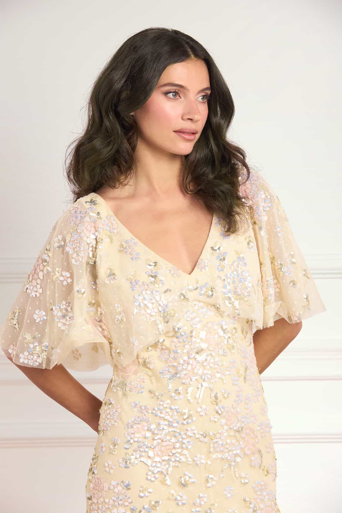 Needle & Thread Peony Bouquet sukienka maxi yellow cekinowa