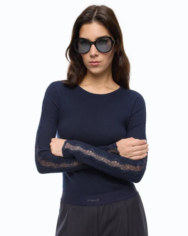 Pinko Copenaghen Sweater sweter niebieski koronka