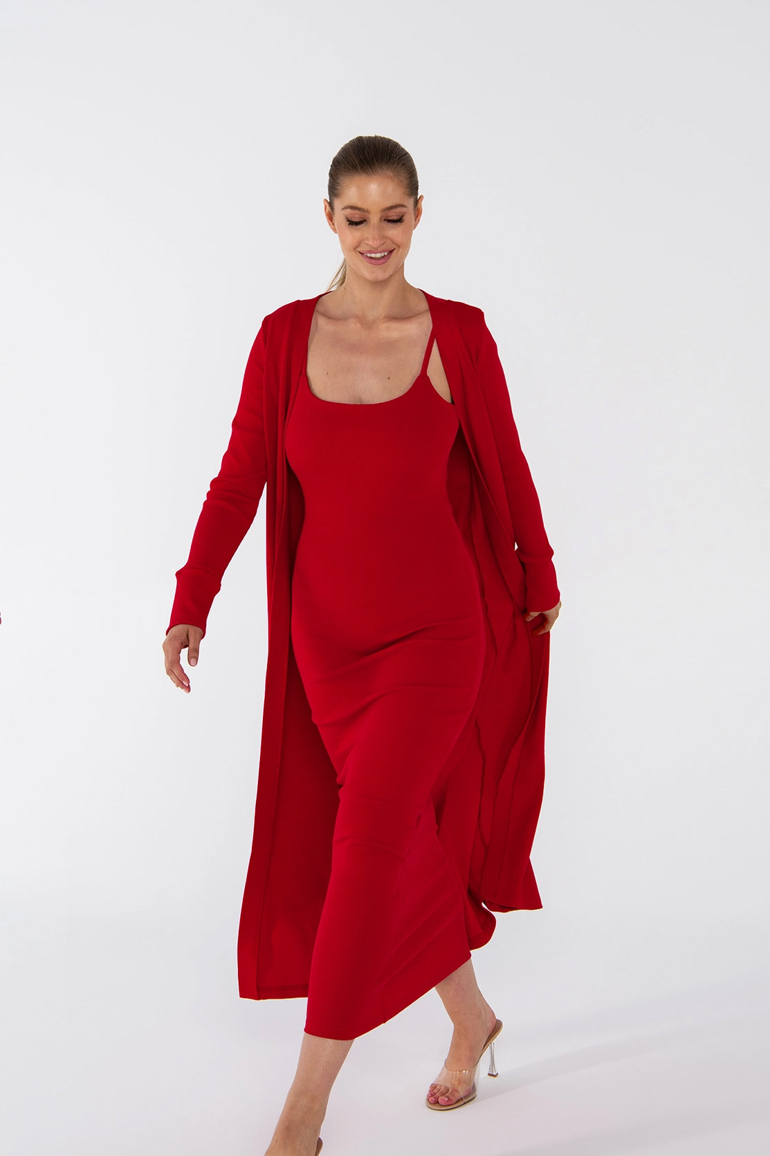 Nudyess Lily kardigan długi Red prążkowany
