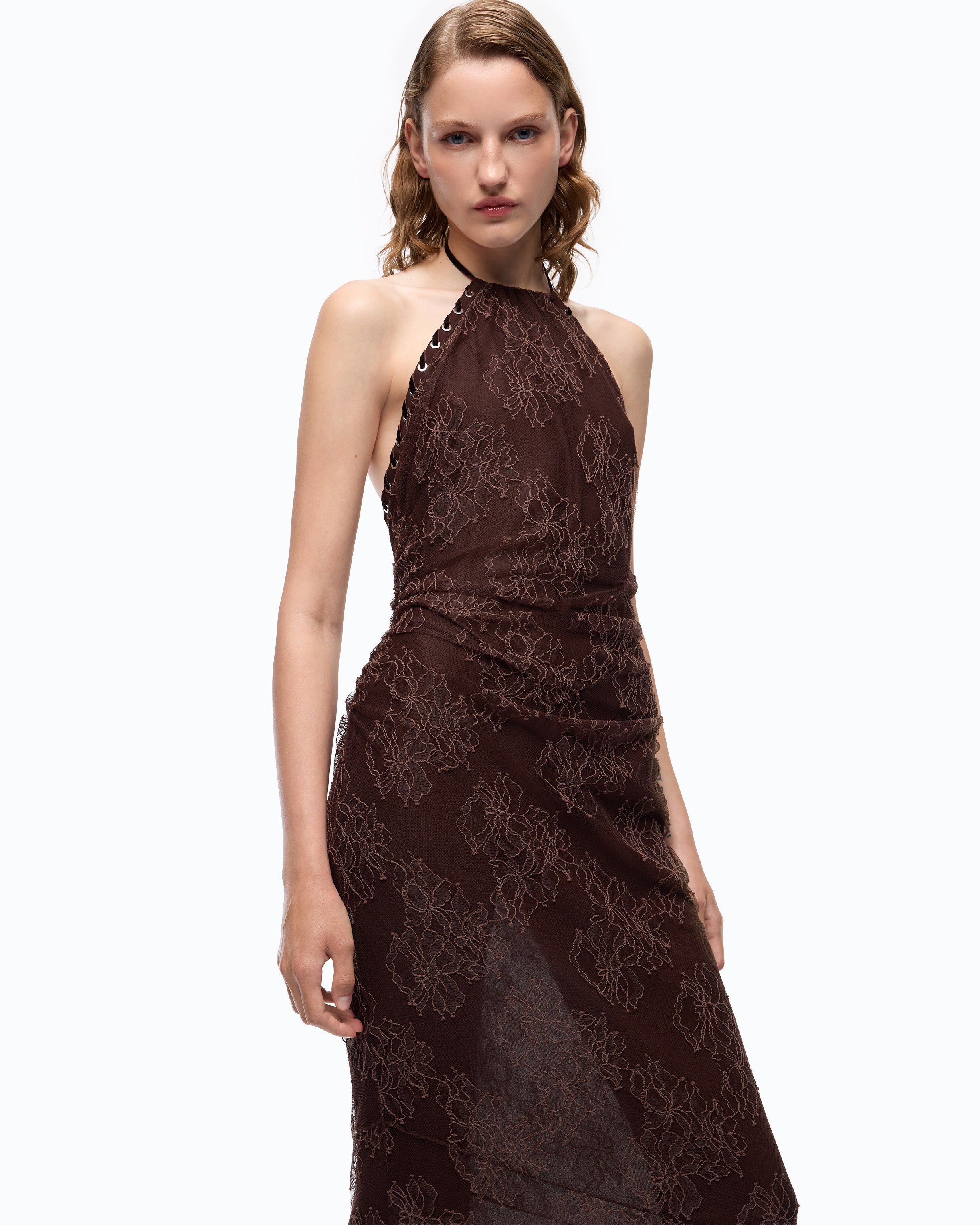 Pinko Mustang Dress sukienka długa brązowa koronkowa
