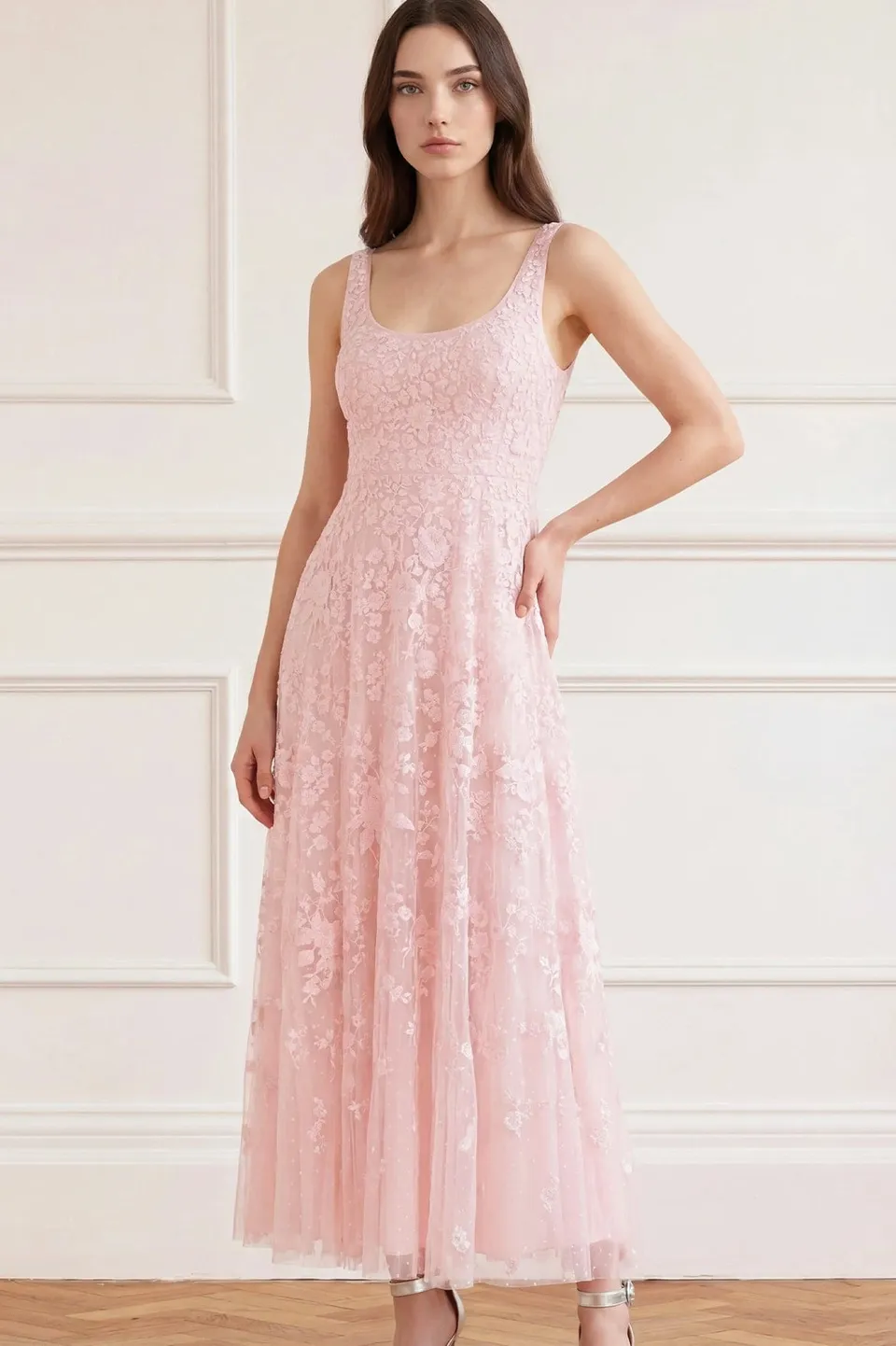 Needle & Thread Rosa Ankle Gown sukienka różowa haftowana