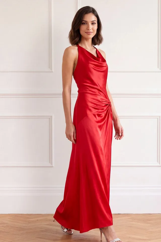 Needle & Thread Amelie Satin Cowl-Neck Gown sukienka czerwona satynowa