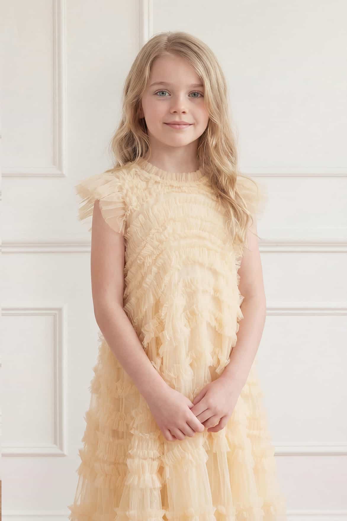 Needle & Thread Amara Ruffle Sleeve Kids Dress żółta
