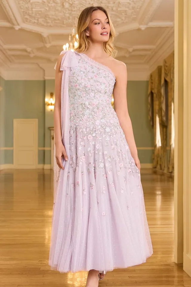 Needle & Thread Sylvia Rose One-Shoulder Bow Ankle Gown sukienka fioletowa haftowana