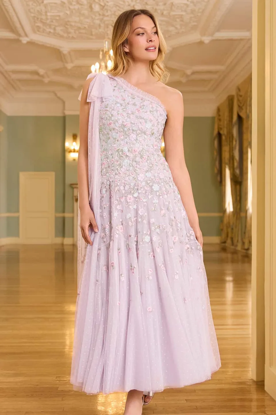 Needle & Thread Sylvia Rose One-Shoulder Bow Ankle Gown sukienka fioletowa haftowana